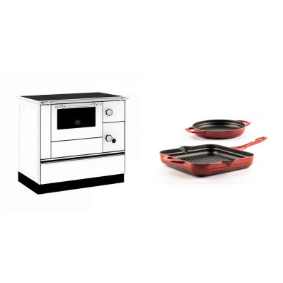 Set Küchenofen / Küchenhexe mit Backofen und Kochplatte Alfa Plam, Modell Alfa 90 H Favorit Weiß, Leistung 6.4kW + Gusseisen Topf Set aus 2 teilen Solagio, Rubin - Kaminofen - Holzofen mit Backfach