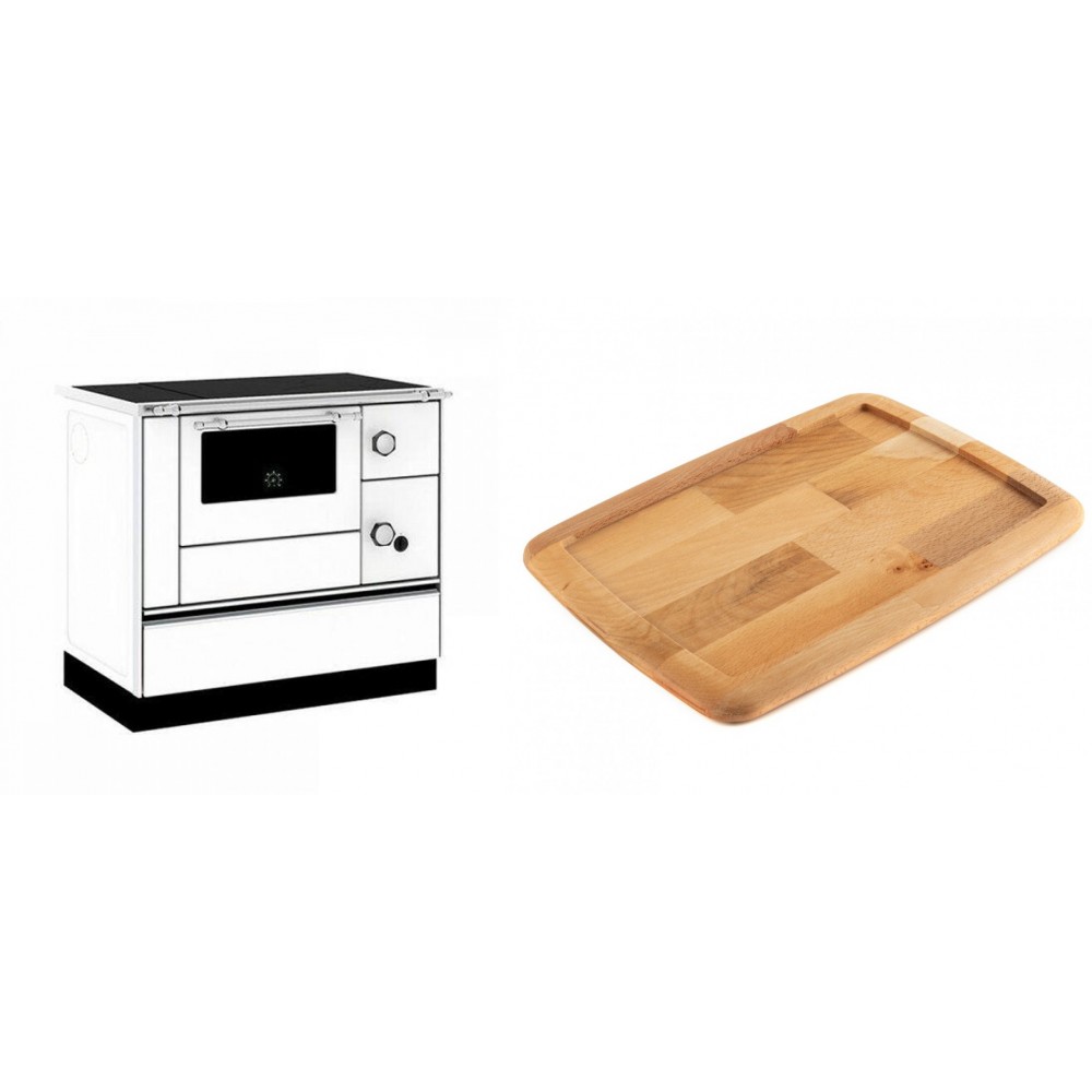 Set Küchenofen / Küchenhexe mit Backofen und Kochplatte Alfa Plam, Modell Alfa 90 H Favorit Weiß, Leistung 6.4kW + Holz untersetzer für gusseisenplatte Solagio HSST2131