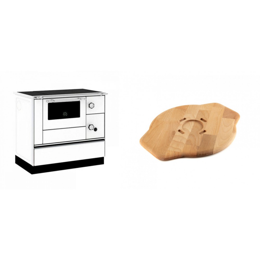 Set Küchenofen / Küchenhexe mit Backofen und Kochplatte Alfa Plam, Modell Alfa 90 H Favorit Weiß, Leistung 6.4kW + Holz untersetzer für Gusseisenplatte Solagio HSYSAK28 | Kaminofen - Holzofen mit Backfach | Kaminofen |