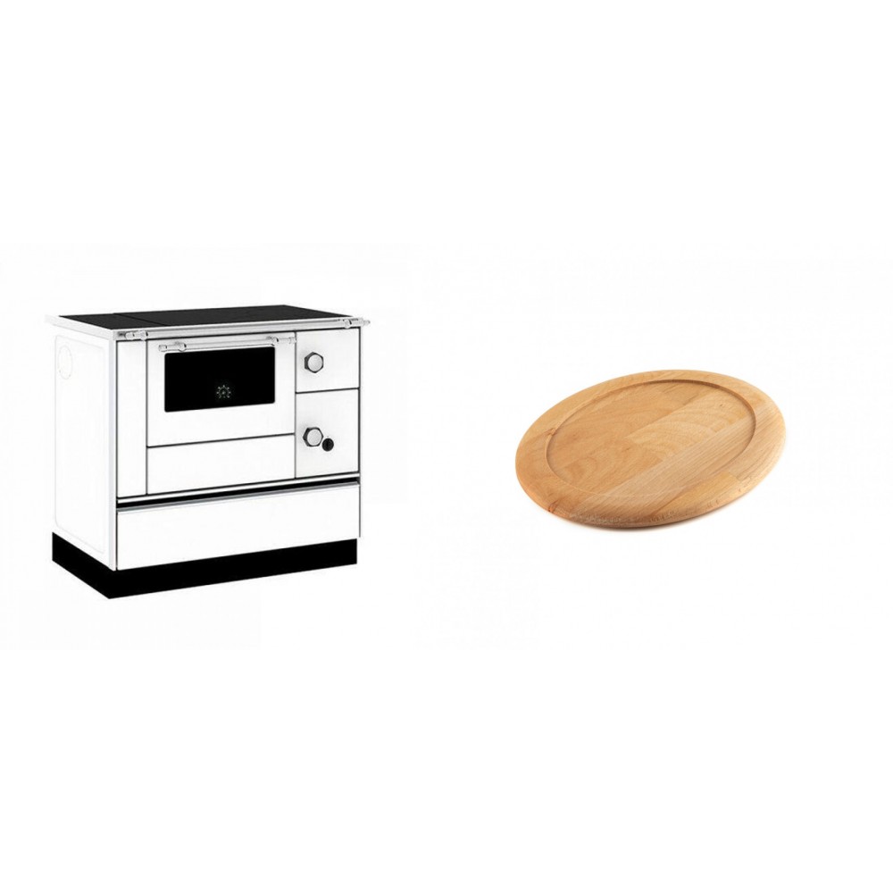 Set Küchenofen / Küchenhexe mit Backofen und Kochplatte Alfa Plam, Modell Alfa 90 H Favorit Weiß, Leistung 6.4kW + Holz untersetzer für ovale gusseisenpfanne Solagio HSFT1825