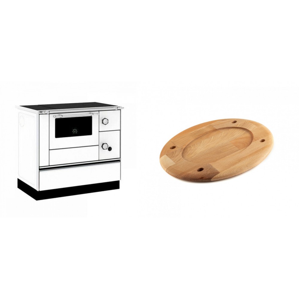 Set Küchenofen / Küchenhexe mit Backofen und Kochplatte Alfa Plam, Modell Alfa 90 H Favorit Weiß, Leistung 6.4kW + Holz untersetzer für ovale platte Solagio HSOISK2533, 25x33cm | Kaminofen - Holzofen mit Backfach | Kaminofen |