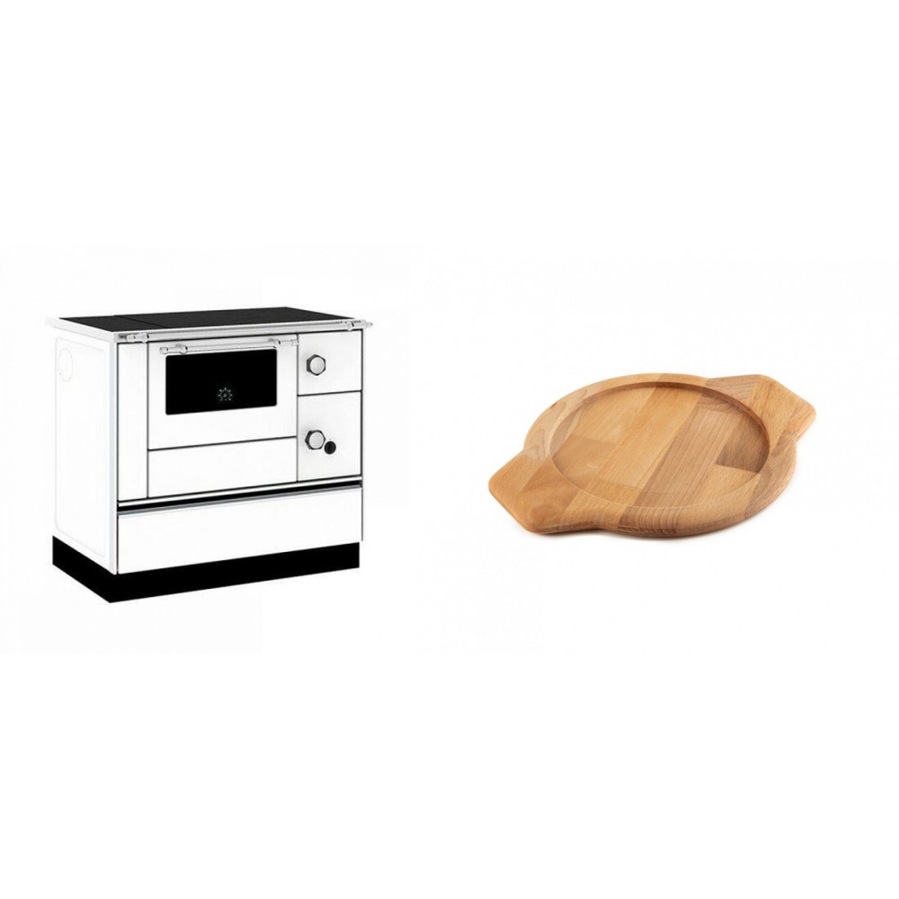 Set Küchenofen / Küchenhexe mit Backofen und Kochplatte Alfa Plam, Modell Alfa 90 H Favorit Weiß, Leistung 6.4kW + Holz untersetzer für gusseisenschüssel Solagio HSYKTV22