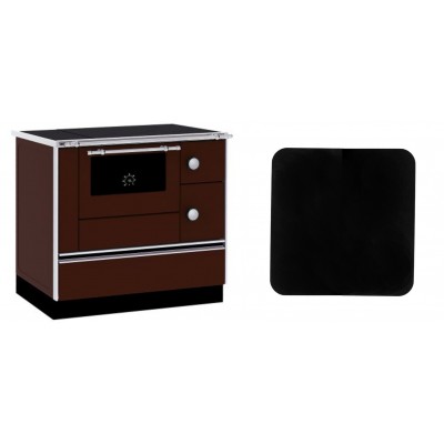 Set Küchenofen / Küchenhexe mit Backofen und Kochplatte Alfa Plam, Modell Alfa 90 H Favorit Braun, Leistung 6.4kW + Funkenschutzplatte Stahl 2mm, Größe 98x98cm - Kaminofen - Holzofen mit Backfach