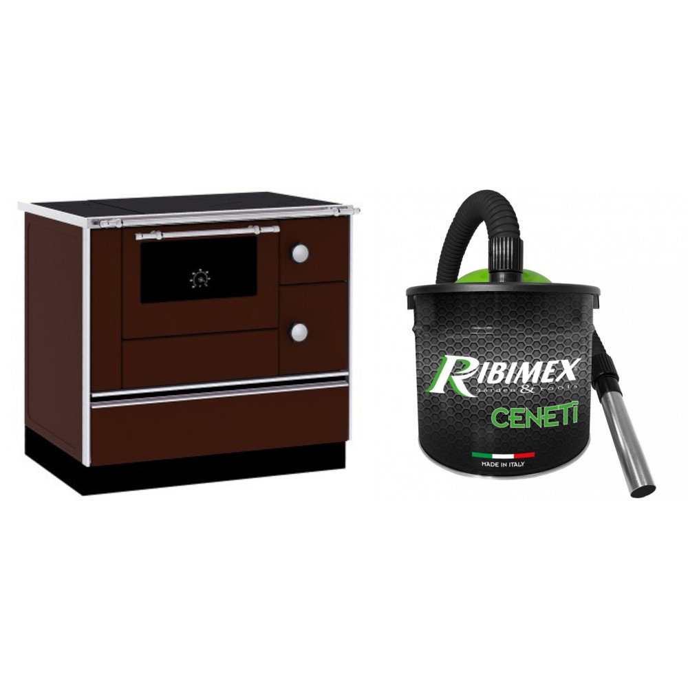 Set Küchenofen / Küchenhexe mit Backofen und Kochplatte Alfa Plam, Modell Alfa 90 H Favorit Braun, Leistung 6.4kW + Elektrischer Aschesauger Ribimex, Modell Cenetì, Fassungsvermögen 15 L | Kaminofen - Holzofen mit Backfach | Kaminofen |