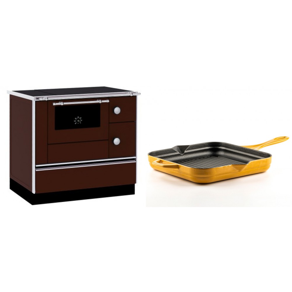 Set Küchenofen / Küchenhexe mit Backofen und Kochplatte Alfa Plam, Modell Alfa 90 H Favorit Braun, Leistung 6.4kW + Emaillierte grillpfanne Gusseisen Solagio, Dijon, 28х28cm | Kaminofen - Holzofen mit Backfach | Kaminofen |