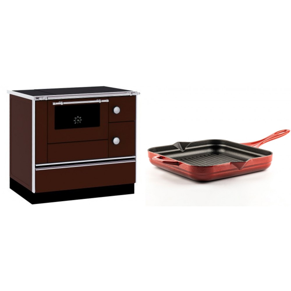 Set Küchenofen / Küchenhexe mit Backofen und Kochplatte Alfa Plam, Modell Alfa 90 H Favorit Braun, Leistung 6.4kW + Emaillierte grillpfanne Gusseisen Solagio, Rubin, 28x28cm | Kaminofen - Holzofen mit Backfach | Kaminofen |
