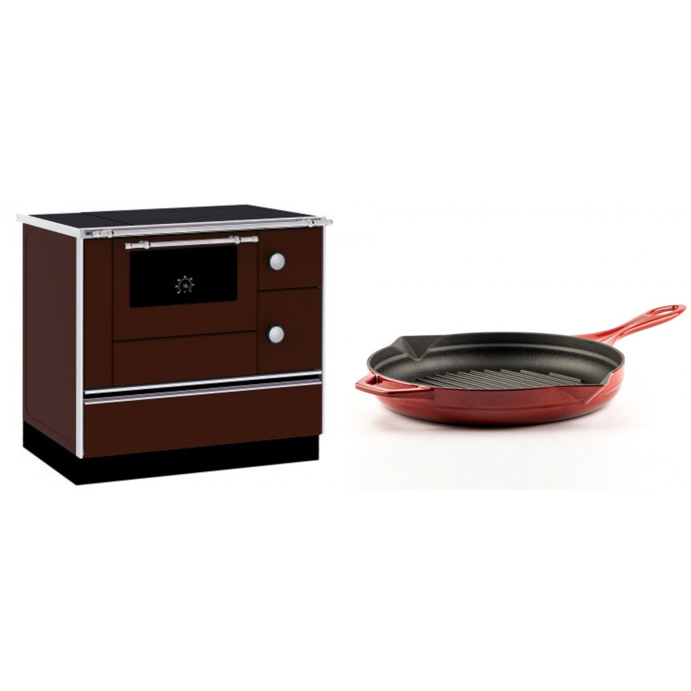 Set Küchenofen / Küchenhexe mit Backofen und Kochplatte Alfa Plam, Modell Alfa 90 H Favorit Braun, Leistung 6.4kW + Emaillierte grillpfanne Gusseisen Solagio, Rubin, Ф28cm