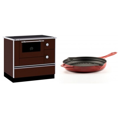 Set Küchenofen / Küchenhexe mit Backofen und Kochplatte Alfa Plam, Modell Alfa 90 H Favorit Braun, Leistung 6.4kW + Emaillierte grillpfanne Gusseisen Solagio, Rubin, Ф28cm - Kaminofen - Holzofen mit Backfach