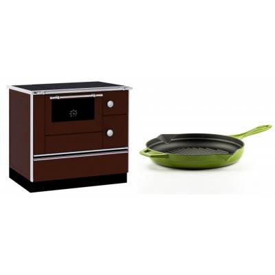 Set Küchenofen / Küchenhexe mit Backofen und Kochplatte Alfa Plam, Modell Alfa 90 H Favorit Braun, Leistung 6.4kW + Emaillierte grillpfanne Gusseisen Solagio, Bamboo, Ф28cm - Kaminofen - Holzofen mit Backfach