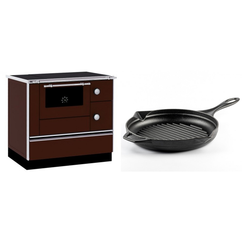 Set Küchenofen / Küchenhexe mit Backofen und Kochplatte Alfa Plam, Modell Alfa 90 H Favorit Braun, Leistung 6.4kW + Emaillierte grillpfanne Gusseisen Solagio, Black Onyx, Ф28cm