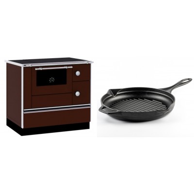 Set Küchenofen / Küchenhexe mit Backofen und Kochplatte Alfa Plam, Modell Alfa 90 H Favorit Braun, Leistung 6.4kW + Emaillierte grillpfanne Gusseisen Solagio, Black Onyx, Ф28cm - Kaminofen - Holzofen mit Backfach
