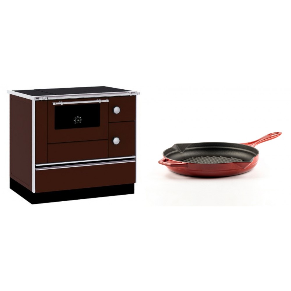 Set Küchenofen / Küchenhexe mit Backofen und Kochplatte Alfa Plam, Modell Alfa 90 H Favorit Braun, Leistung 6.4kW + Emaillierte grillpfanne Gusseisen Solagio, Rubin, Ф24cm