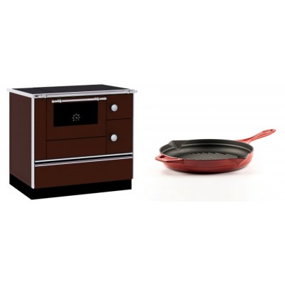 Set Küchenofen / Küchenhexe mit Backofen und Kochplatte Alfa Plam, Modell Alfa 90 H Favorit Braun, Leistung 6.4kW + Emaillierte grillpfanne Gusseisen Solagio, Rubin, Ф24cm - Kaminofen - Holzofen mit Backfach