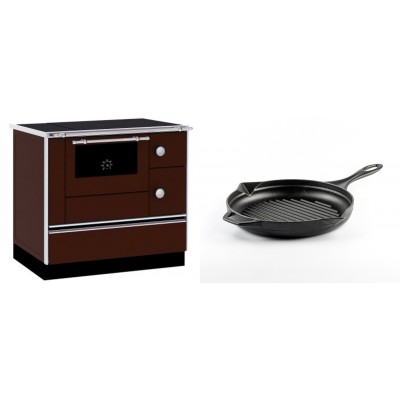 Set Küchenofen / Küchenhexe mit Backofen und Kochplatte Alfa Plam, Modell Alfa 90 H Favorit Braun, Leistung 6.4kW + Emaillierte grillpfanne Gusseisen Solagio, Black Onyx, Ф24cm - Kaminofen - Holzofen mit Backfach