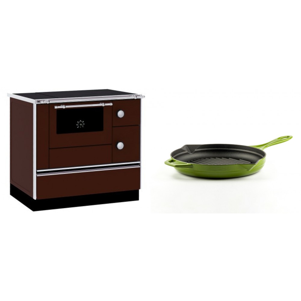 Set Küchenofen / Küchenhexe mit Backofen und Kochplatte Alfa Plam, Modell Alfa 90 H Favorit Braun, Leistung 6.4kW + Emaillierte grillpfanne Gusseisen Solagio, Bamboo, Ф24cm | Kaminofen - Holzofen mit Backfach | Kaminofen |