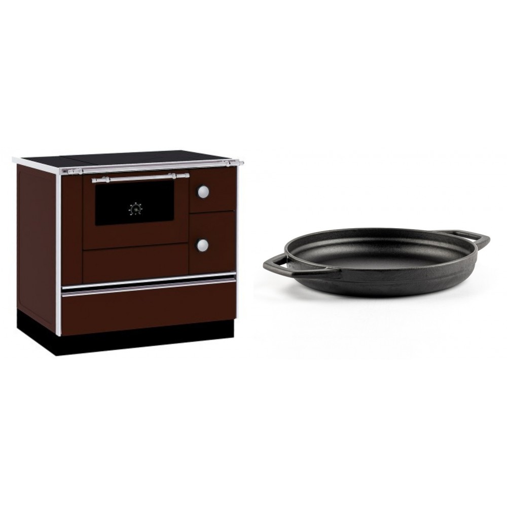 Set Küchenofen / Küchenhexe mit Backofen und Kochplatte Alfa Plam, Modell Alfa 90 H Favorit Braun, Leistung 6.4kW + Emaillierte gusseisenpfanne mit zwei Griffen Solagio, Black Onyx, Ф22cm | Kaminofen - Holzofen mit Backfach | Kaminofen |