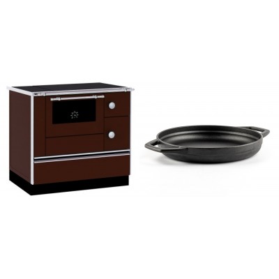 Set Küchenofen / Küchenhexe mit Backofen und Kochplatte Alfa Plam, Modell Alfa 90 H Favorit Braun, Leistung 6.4kW + Emaillierte gusseisenpfanne mit zwei Griffen Solagio, Black Onyx, Ф22cm - Kaminofen - Holzofen mit Backfach