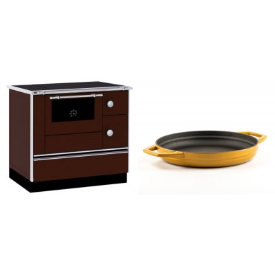 Set Küchenofen / Küchenhexe mit Backofen und Kochplatte Alfa Plam, Modell Alfa 90 H Favorit Braun, Leistung 6.4kW + Emaillierte gusseisenpfanne mit zwei Griffen Solagio, Dijon, Ф22cm - Kaminofen - Holzofen mit Backfach