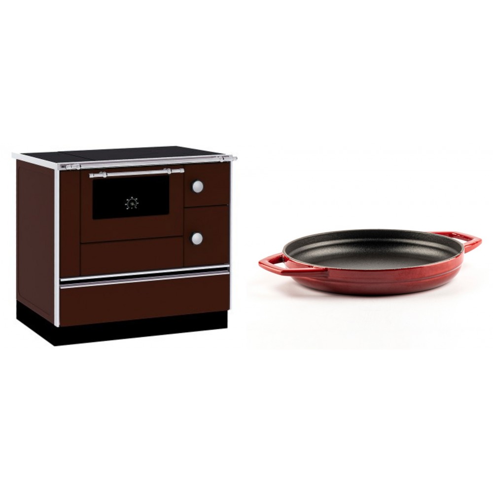 Set Küchenofen / Küchenhexe mit Backofen und Kochplatte Alfa Plam, Modell Alfa 90 H Favorit Braun, Leistung 6.4kW + Emaillierte gusseisenpfanne mit zwei Griffen Solagio, Rubin, Ф22cm
