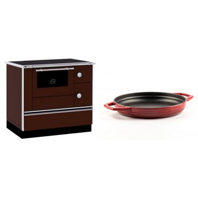 Set Küchenofen / Küchenhexe mit Backofen und Kochplatte Alfa Plam, Modell Alfa 90 H Favorit Braun, Leistung 6.4kW + Emaillierte gusseisenpfanne mit zwei Griffen Solagio, Rubin, Ф22cm - Kaminofen - Holzofen mit Backfach