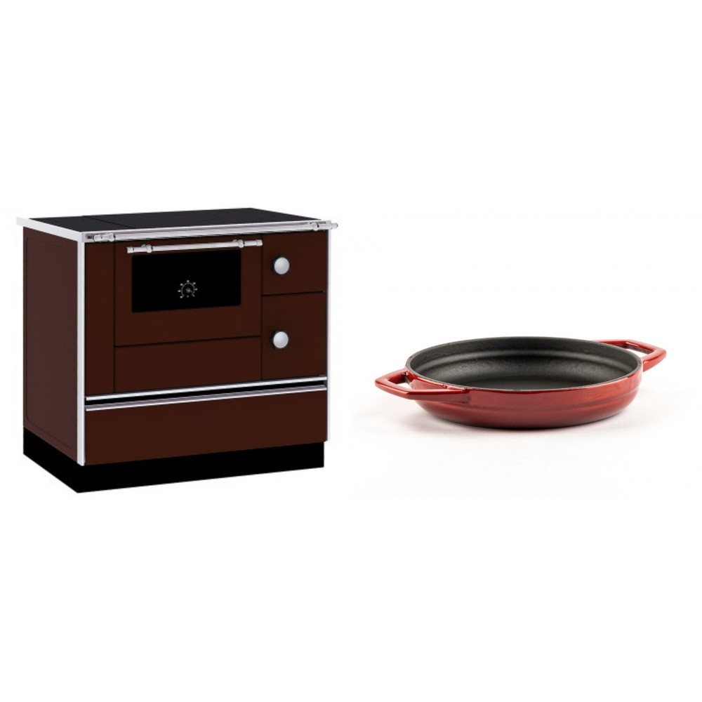 Set Küchenofen / Küchenhexe mit Backofen und Kochplatte Alfa Plam, Modell Alfa 90 H Favorit Braun, Leistung 6.4kW + Emaillierte gusseisenpfanne mit zwei Griffen Solagio, Rubin, Ф19cm | Kaminofen - Holzofen mit Backfach | Kaminofen |