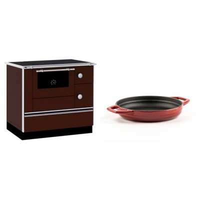 Set Küchenofen / Küchenhexe mit Backofen und Kochplatte Alfa Plam, Modell Alfa 90 H Favorit Braun, Leistung 6.4kW + Emaillierte gusseisenpfanne mit zwei Griffen Solagio, Rubin, Ф19cm - Kaminofen - Holzofen mit Backfach