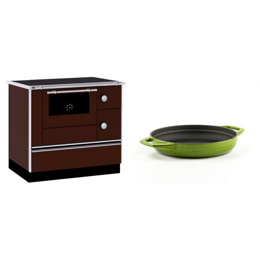 Set Küchenofen / Küchenhexe mit Backofen und Kochplatte Alfa Plam, Modell Alfa 90 H Favorit Braun, Leistung 6.4kW + Emaillierte gusseisenpfanne mit zwei Griffen Solagio, Bamboo, Ф19cm | Kaminofen - Holzofen mit Backfach | Kaminofen |