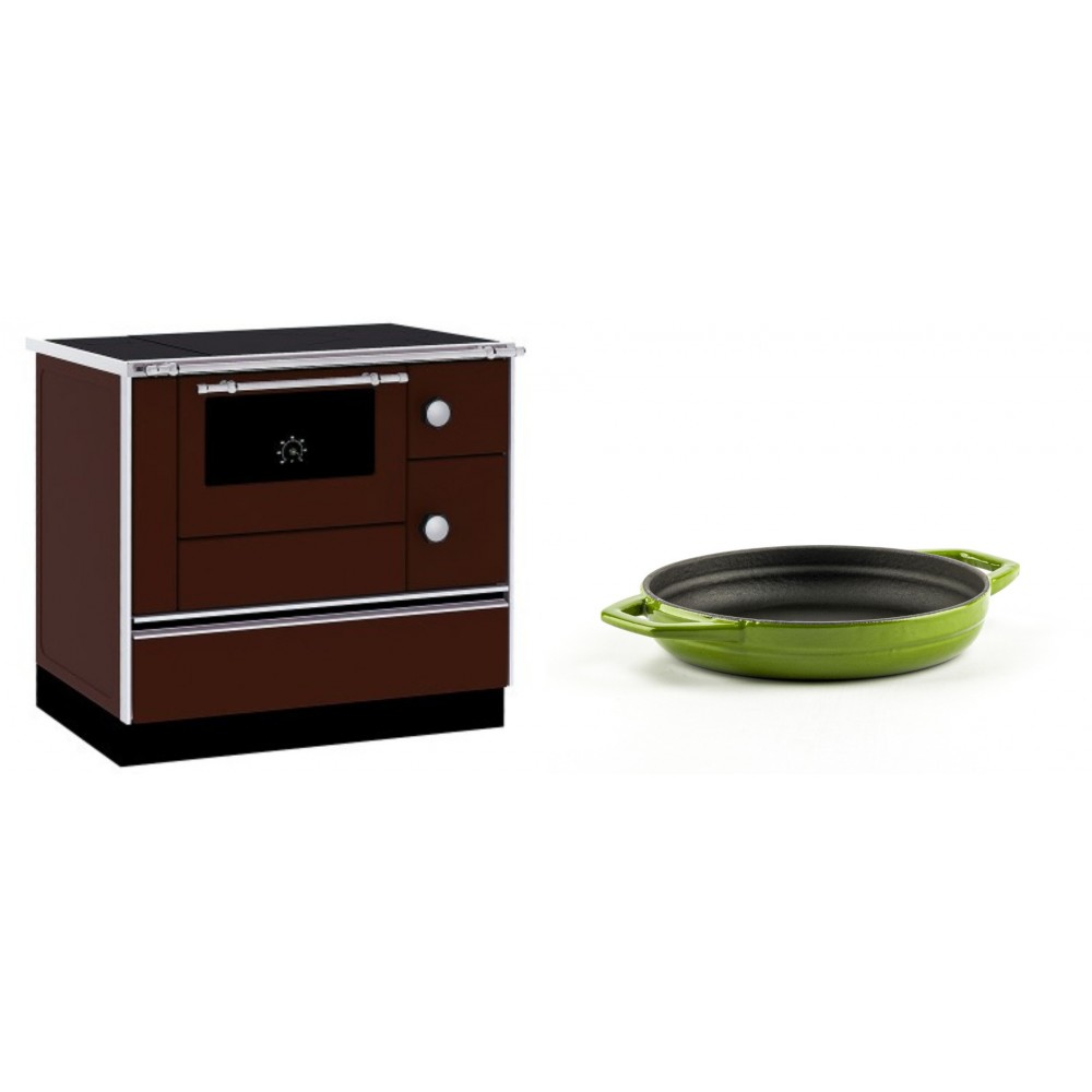 Set Küchenofen / Küchenhexe mit Backofen und Kochplatte Alfa Plam, Modell Alfa 90 H Favorit Braun, Leistung 6.4kW + Emaillierte gusseisenpfanne mit zwei Griffen Solagio, Bamboo, Ф16cm