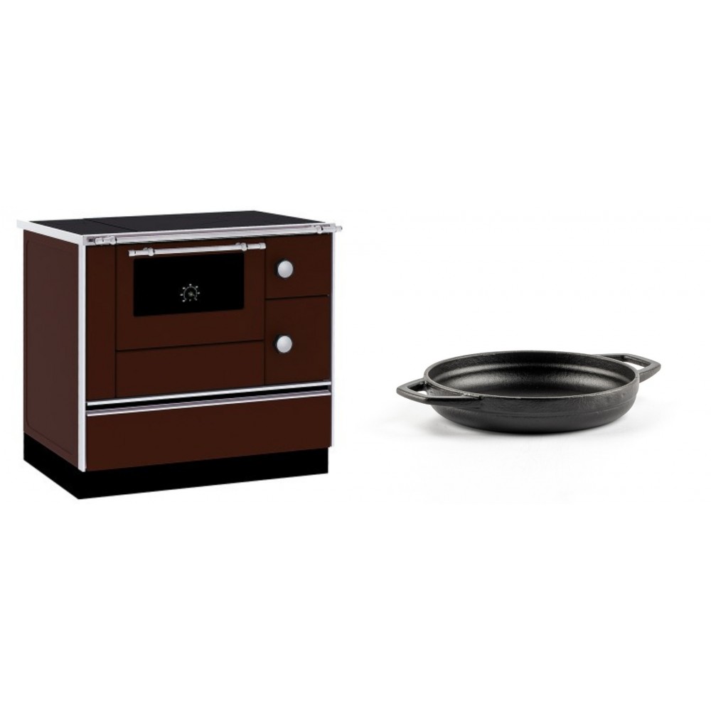 Set Küchenofen / Küchenhexe mit Backofen und Kochplatte Alfa Plam, Modell Alfa 90 H Favorit Braun, Leistung 6.4kW + Emaillierte gusseisenpfanne mit zwei Griffen Solagio, Black Onyx, Ф16cm | Kaminofen - Holzofen mit Backfach | Kaminofen |