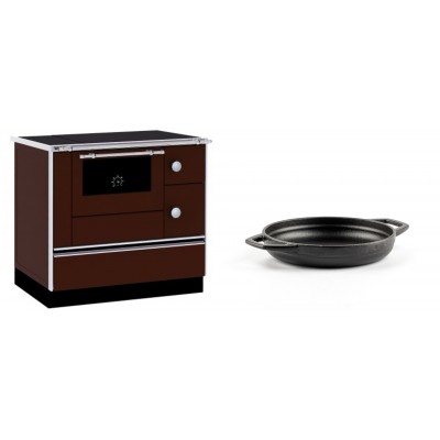 Set Küchenofen / Küchenhexe mit Backofen und Kochplatte Alfa Plam, Modell Alfa 90 H Favorit Braun, Leistung 6.4kW + Emaillierte gusseisenpfanne mit zwei Griffen Solagio, Black Onyx, Ф16cm - Kaminofen - Holzofen mit Backfach