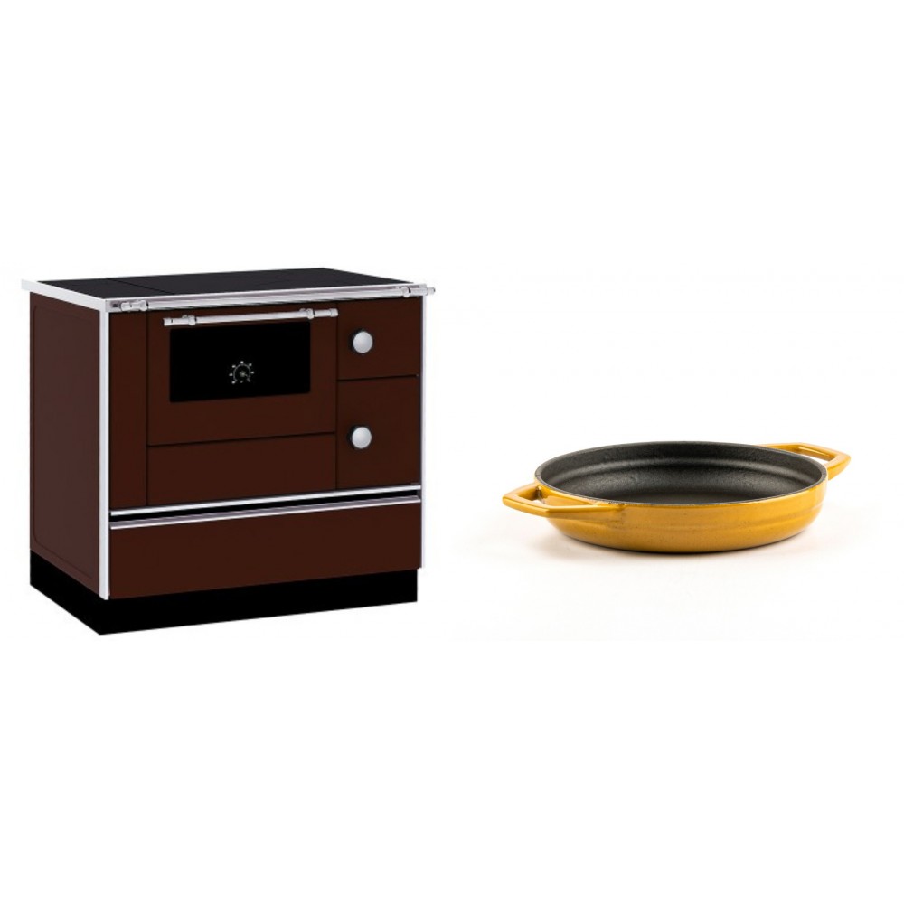 Set Küchenofen / Küchenhexe mit Backofen und Kochplatte Alfa Plam, Modell Alfa 90 H Favorit Braun, Leistung 6.4kW + Emaillierte gusseisenpfanne mit zwei Griffen Solagio, Dijon, Ф16cm | Kaminofen - Holzofen mit Backfach | Kaminofen |