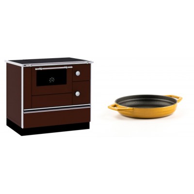 Set Küchenofen / Küchenhexe mit Backofen und Kochplatte Alfa Plam, Modell Alfa 90 H Favorit Braun, Leistung 6.4kW + Emaillierte gusseisenpfanne mit zwei Griffen Solagio, Dijon, Ф16cm - Kaminofen - Holzofen mit Backfach