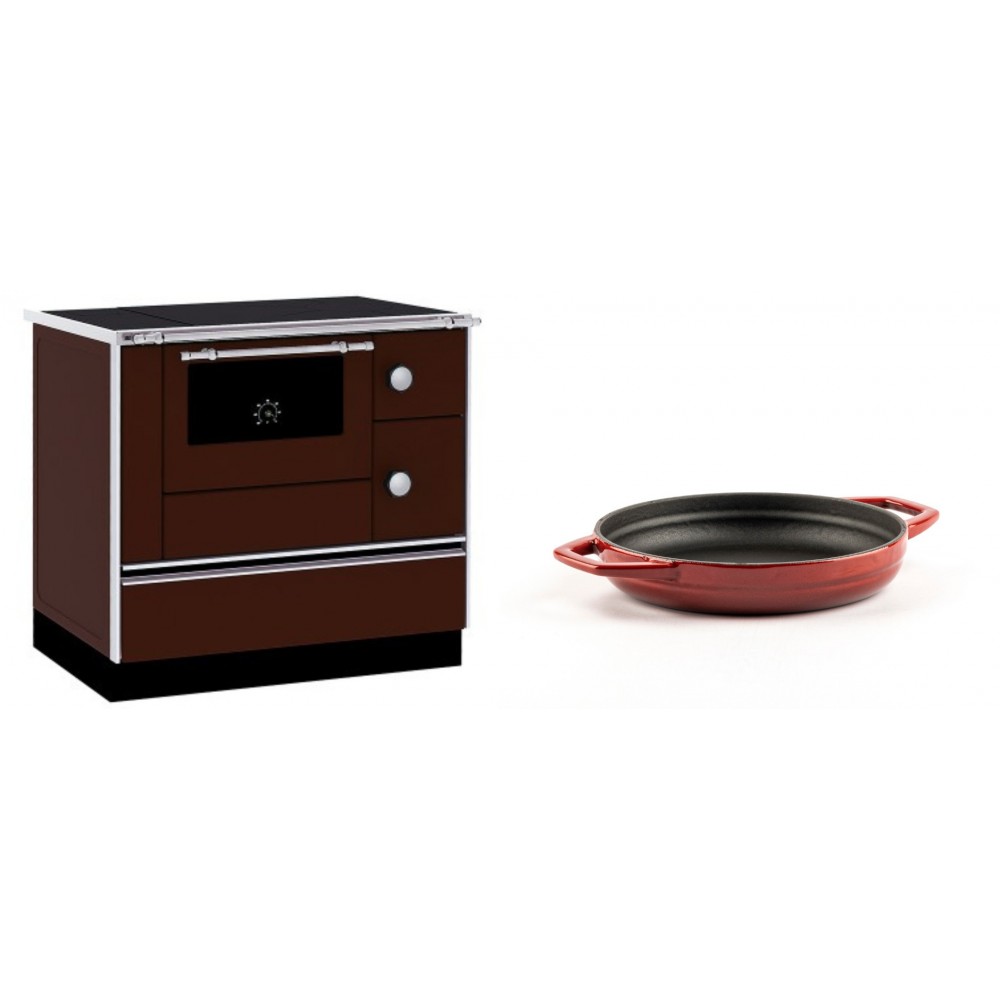 Set Küchenofen / Küchenhexe mit Backofen und Kochplatte Alfa Plam, Modell Alfa 90 H Favorit Braun, Leistung 6.4kW + Emaillierte gusseisenpfanne mit zwei Griffen Solagio, Rubin, Ф16cm