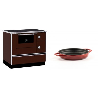 Set Küchenofen / Küchenhexe mit Backofen und Kochplatte Alfa Plam, Modell Alfa 90 H Favorit Braun, Leistung 6.4kW + Emaillierte gusseisenpfanne mit zwei Griffen Solagio, Rubin, Ф16cm - Kaminofen - Holzofen mit Backfach