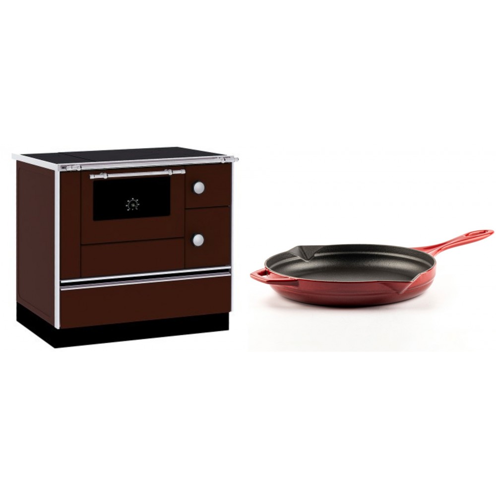 Set Küchenofen / Küchenhexe mit Backofen und Kochplatte Alfa Plam, Modell Alfa 90 H Favorit Braun, Leistung 6.4kW + Emaillierte Gusseisenpfanne Solagio, Rubin, Ф28cm