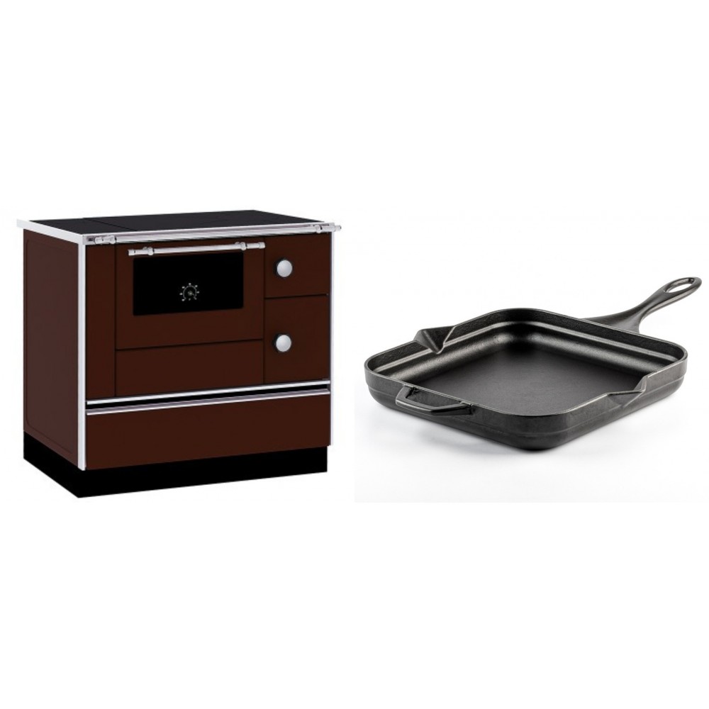 Set Küchenofen / Küchenhexe mit Backofen und Kochplatte Alfa Plam, Modell Alfa 90 H Favorit Braun, Leistung 6.4kW + Emaillierte Gusseisenpfanne Solagio, Black Onyx, 28x28cm