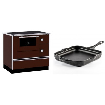 Set Küchenofen / Küchenhexe mit Backofen und Kochplatte Alfa Plam, Modell Alfa 90 H Favorit Braun, Leistung 6.4kW + Emaillierte Gusseisenpfanne Solagio, Black Onyx, 28x28cm - Kaminofen - Holzofen mit Backfach