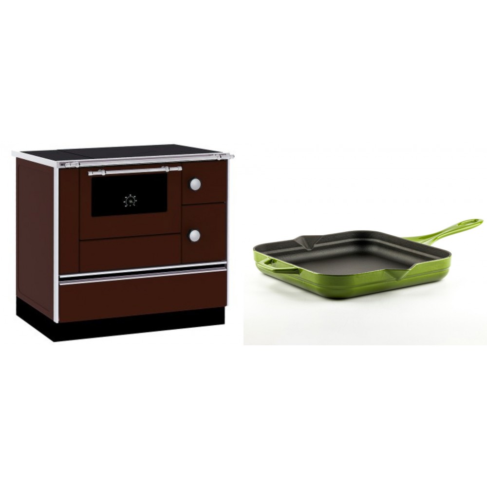 Set Küchenofen / Küchenhexe mit Backofen und Kochplatte Alfa Plam, Modell Alfa 90 H Favorit Braun, Leistung 6.4kW + Emaillierte Gusseisenpfanne Solagio, Bamboo, 28x28cm | Kaminofen - Holzofen mit Backfach | Kaminofen |