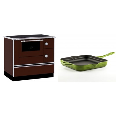 Set Küchenofen / Küchenhexe mit Backofen und Kochplatte Alfa Plam, Modell Alfa 90 H Favorit Braun, Leistung 6.4kW + Emaillierte Gusseisenpfanne Solagio, Bamboo, 28x28cm - Kaminofen - Holzofen mit Backfach