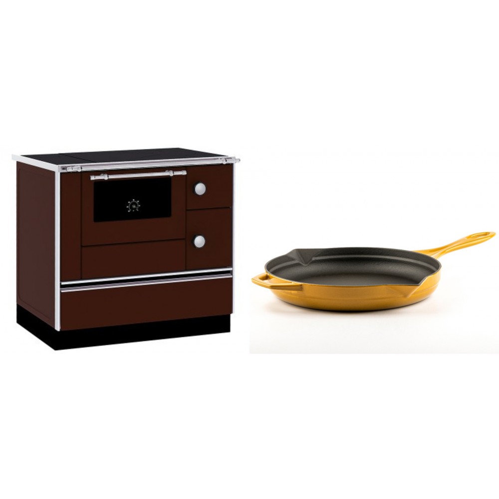 Set Küchenofen / Küchenhexe mit Backofen und Kochplatte Alfa Plam, Modell Alfa 90 H Favorit Braun, Leistung 6.4kW + Emaillierte Gusseisenpfanne Solagio, Dijon, Ф28cm