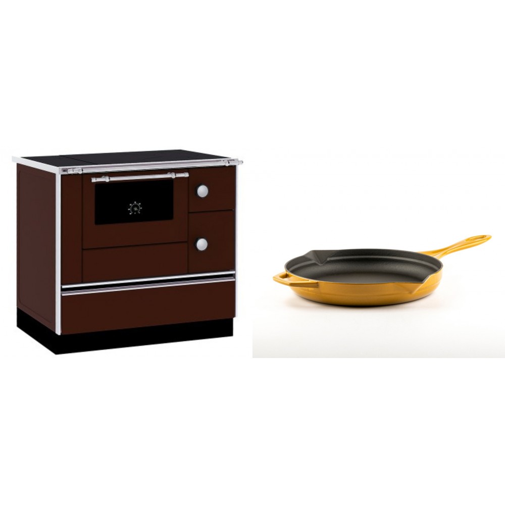 Set Küchenofen / Küchenhexe mit Backofen und Kochplatte Alfa Plam, Modell Alfa 90 H Favorit Braun, Leistung 6.4kW + Emaillierte Gusseisenpfanne Solagio, Dijon, Ф24cm | Kaminofen - Holzofen mit Backfach | Kaminofen |