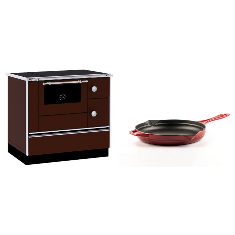 Set Küchenofen / Küchenhexe mit Backofen und Kochplatte Alfa Plam, Modell Alfa 90 H Favorit Braun, Leistung 6.4kW + Emaillierte Gusseisenpfanne Solagio, Rubin, Ф24cm | Kaminofen - Holzofen mit Backfach | Kaminofen |
