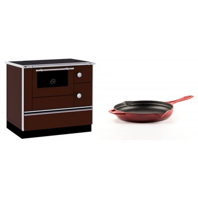 Set Küchenofen / Küchenhexe mit Backofen und Kochplatte Alfa Plam, Modell Alfa 90 H Favorit Braun, Leistung 6.4kW + Emaillierte Gusseisenpfanne Solagio, Rubin, Ф24cm - Kaminofen - Holzofen mit Backfach