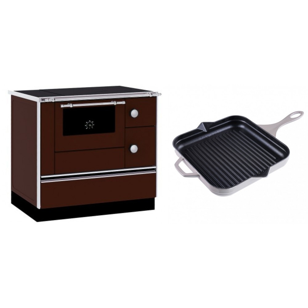 Set Küchenofen / Küchenhexe mit Backofen und Kochplatte Alfa Plam, Modell Alfa 90 H Favorit Braun, Leistung 6.4kW + Emaillierte grillpfanne Gusseisen Solagio, Ivory, 28x28cm