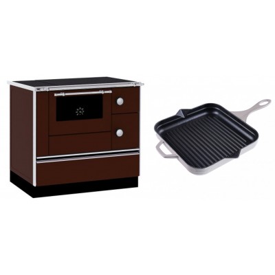 Set Küchenofen / Küchenhexe mit Backofen und Kochplatte Alfa Plam, Modell Alfa 90 H Favorit Braun, Leistung 6.4kW + Emaillierte grillpfanne Gusseisen Solagio, Ivory, 28x28cm - Kaminofen - Holzofen mit Backfach