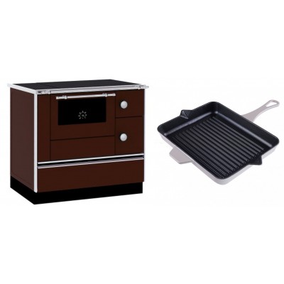 Set Küchenofen / Küchenhexe mit Backofen und Kochplatte Alfa Plam, Modell Alfa 90 H Favorit Braun, Leistung 6.4kW + Emaillierte grillpfanne Gusseisen Solagio, Ivory, 26x32cm - Kaminofen - Holzofen mit Backfach