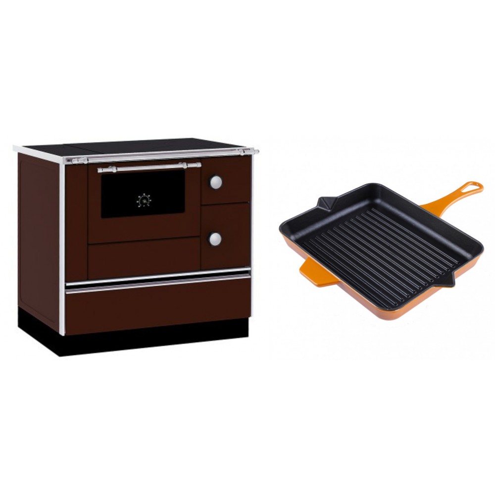 Set Küchenofen / Küchenhexe mit Backofen und Kochplatte Alfa Plam, Modell Alfa 90 H Favorit Braun, Leistung 6.4kW + Emaillierte grillpfanne Gusseisen Solagio, Dijon, 26x32cm