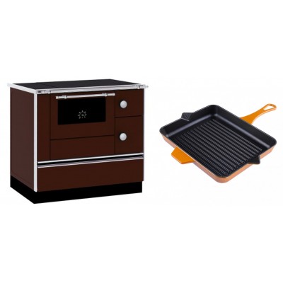 Set Küchenofen / Küchenhexe mit Backofen und Kochplatte Alfa Plam, Modell Alfa 90 H Favorit Braun, Leistung 6.4kW + Emaillierte grillpfanne Gusseisen Solagio, Dijon, 26x32cm - Kaminofen - Holzofen mit Backfach