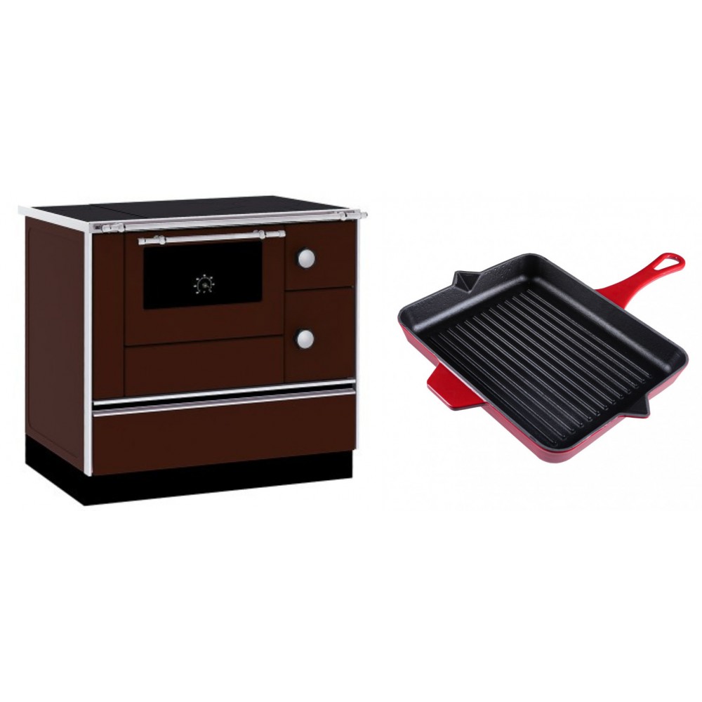 Set Küchenofen / Küchenhexe mit Backofen und Kochplatte Alfa Plam, Modell Alfa 90 H Favorit Braun, Leistung 6.4kW + Emaillierte grillpfanne Gusseisen Solagio, Rubin, 26x32cm