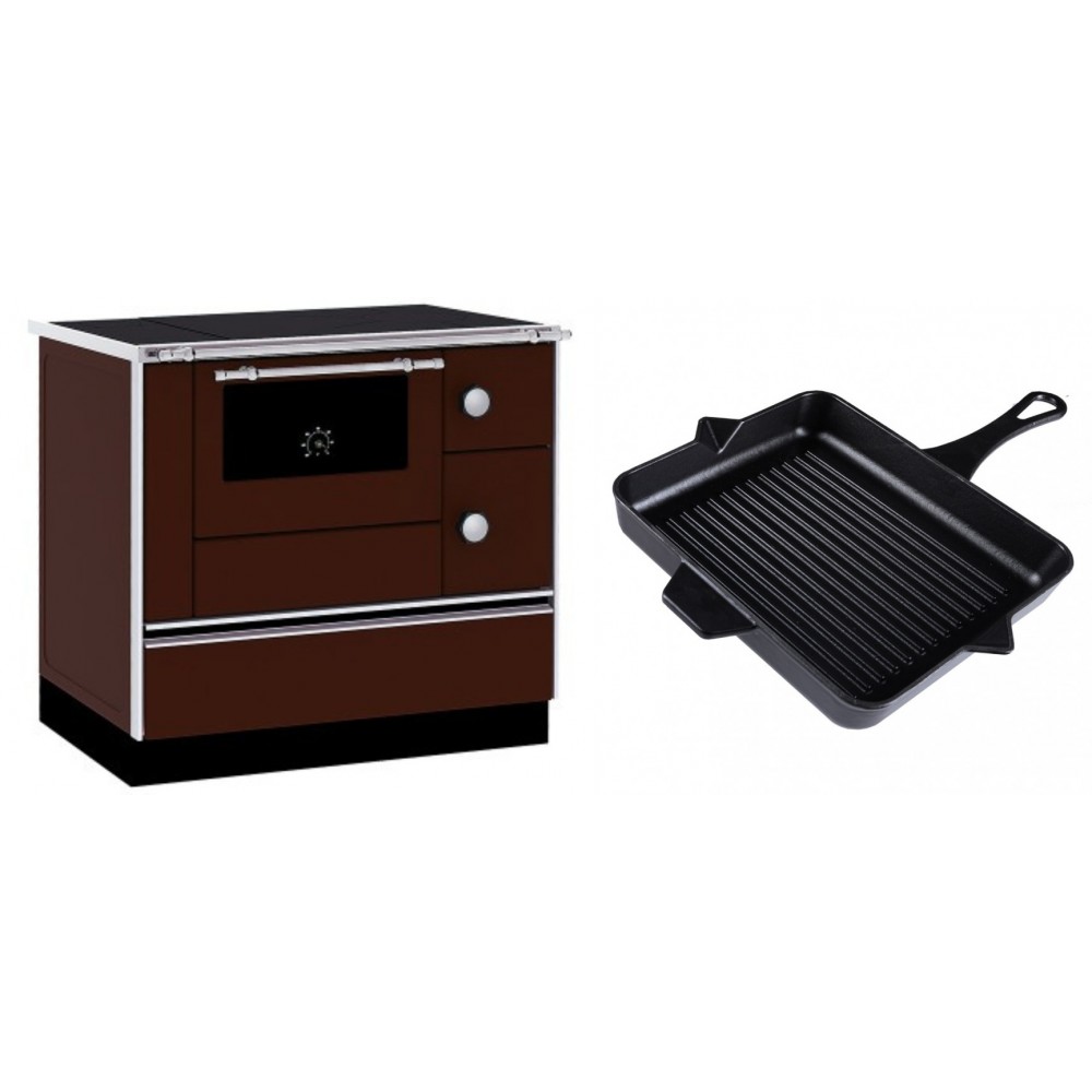 Set Küchenofen / Küchenhexe mit Backofen und Kochplatte Alfa Plam, Modell Alfa 90 H Favorit Braun, Leistung 6.4kW + Emaillierte grillpfanne Gusseisen Solagio, Black Onyx, 26x32cm | Kaminofen - Holzofen mit Backfach | Kaminofen |